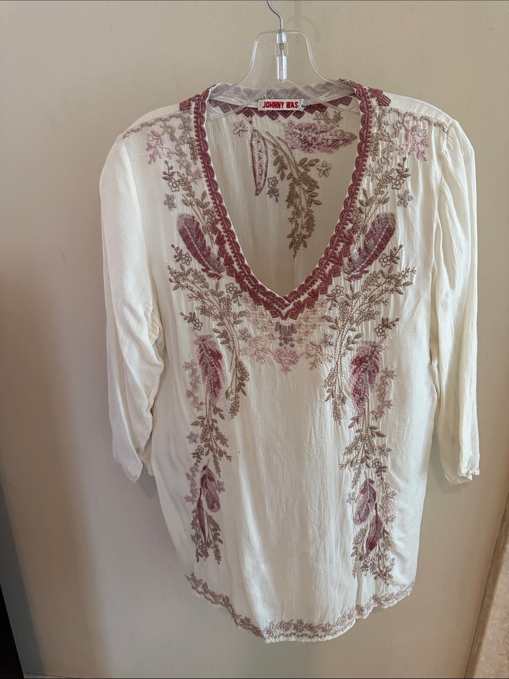 Johnny Was Ivory Tunic with Rose and Taupe Embroidery